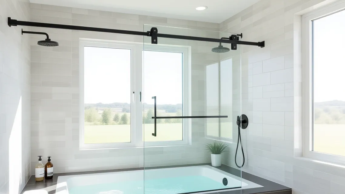 A barn-style sliding glass shower door on a black bar over a tiled bathtub