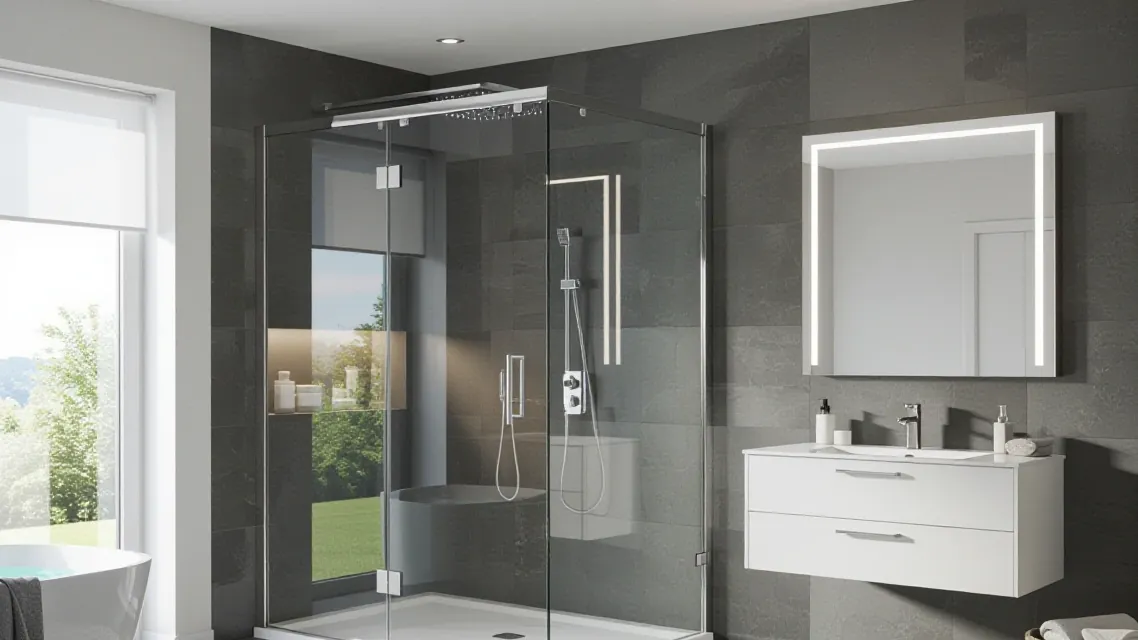 A clear glass corner shower enclosure with chrome supports in a gray tiled bathroom