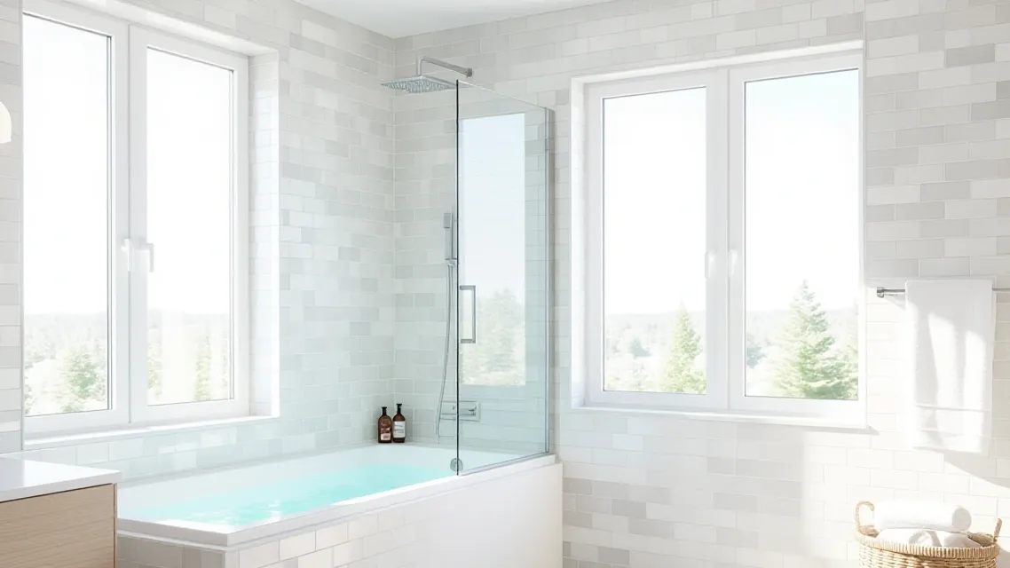 A glass shower panel over a tiled bathtub beside a window