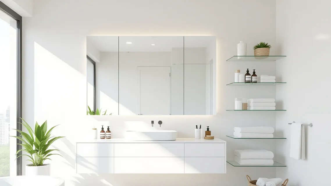 A wide vanity mirror and floating glass shelves in a bright white bathroom